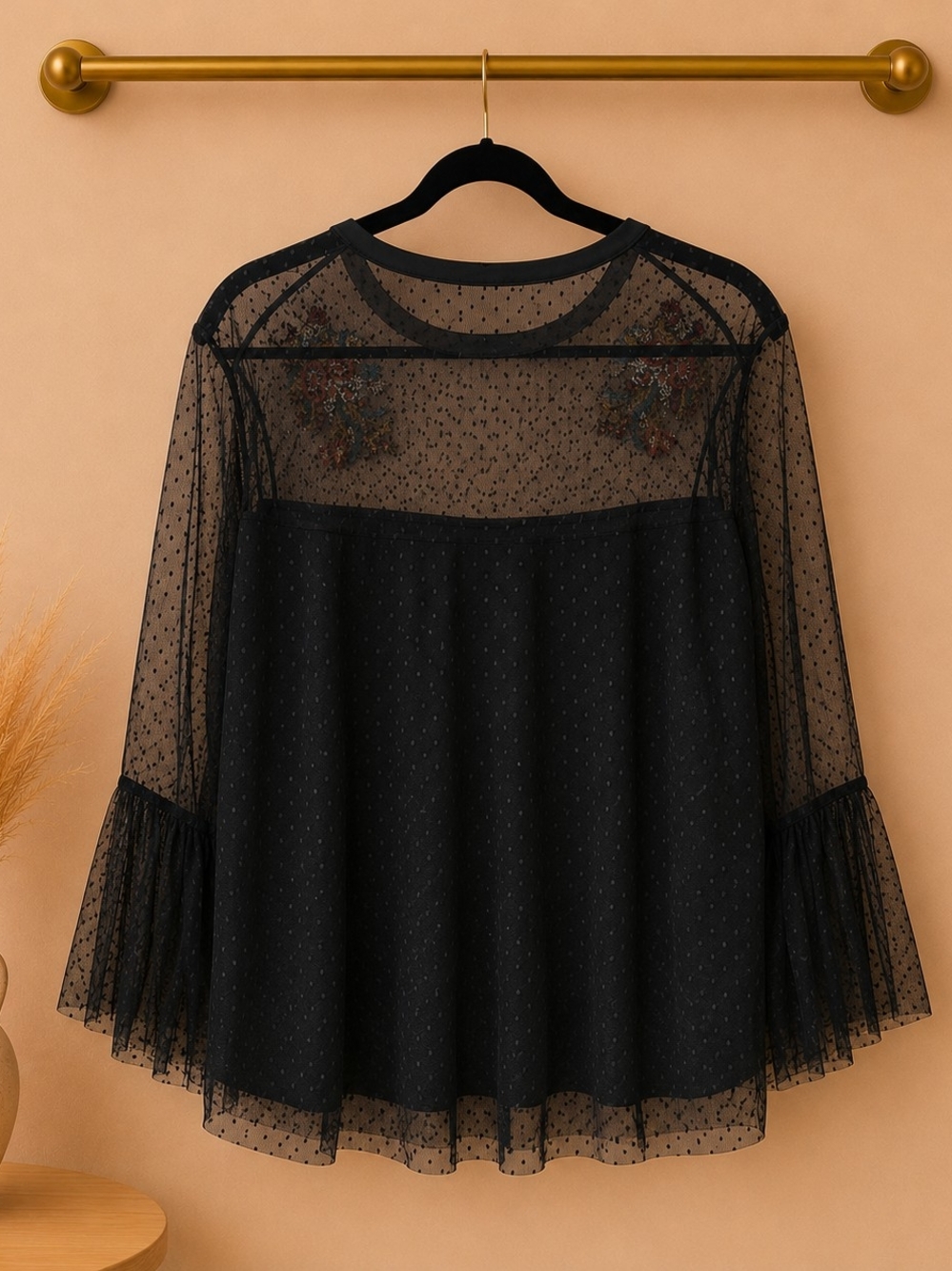 Maurices Black Sheer Embroidered Floral Bell-Sleeve Blouse - Picture 2 of 2